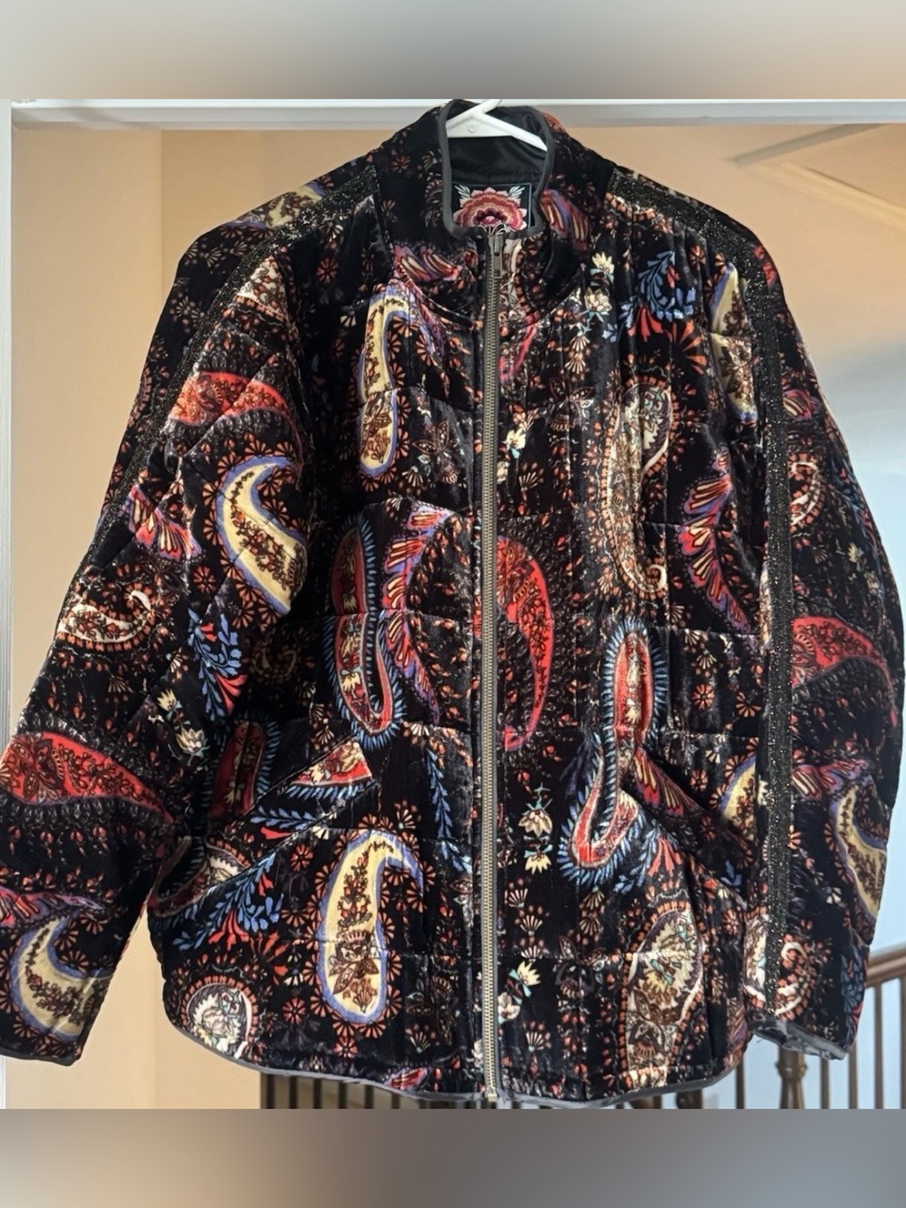Johnny Was Black Velvet Paisley Quilted Jacket with Multicolor Accents